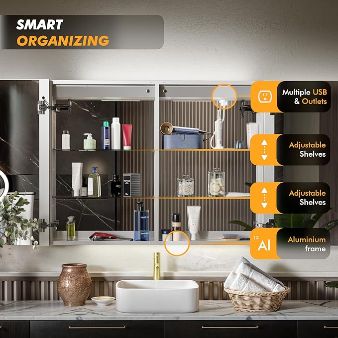 LED Lighted Medicine Cabinet Front & Backlit Dimmable Colours, Clock & Temp, USB Outlets (42 x 32)