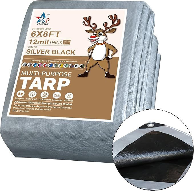 STARPYNG-12 Mil Silver/Black 6x8 Feet Tarp-Heavy Duty Poly Tarp-Cover,Waterproof, UV Resistant, Weather Resistant, Cover Cars, Boats, Courtyards,Camping