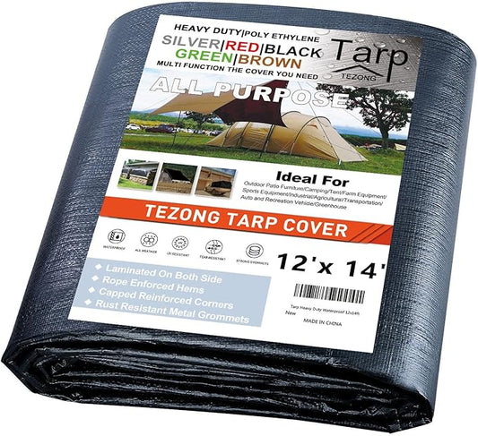 TEZONG Tarps Heavy Duty Waterproof 12x14ft,Black Plastic Tarps Large Multipurpose Outdoor Tarp Cover Thick Poly Tarpaulin 16MIL for Emergency Rain or Sun, Roof, Patio Furniture, Firewood, Canopy