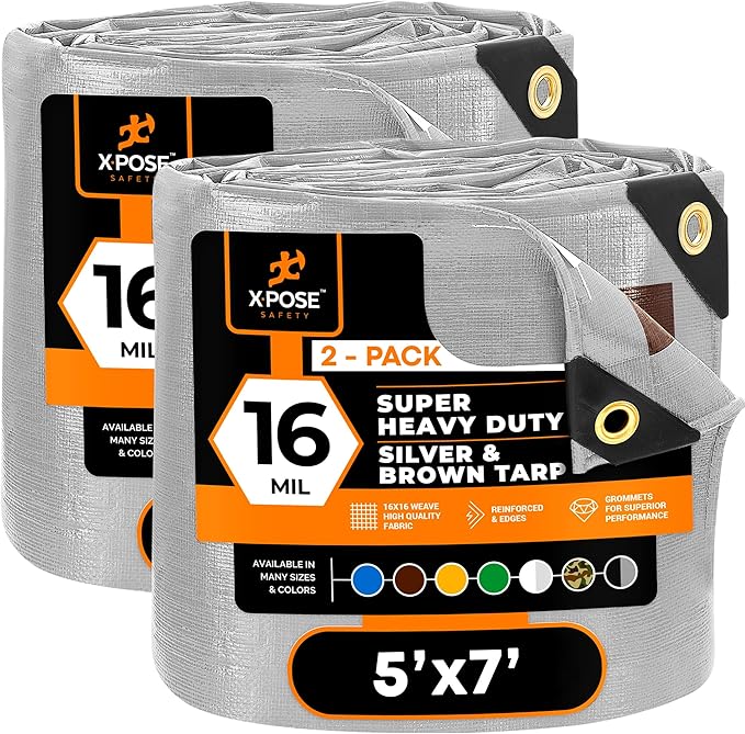 Xpose Safety Super Heavy-Duty 5' x 7' Silver/Brown Poly Tarp (2-Pack) - 16 Mil Waterproof & UV Resistant, Rip-Proof with Reinforced Edges & Grommets