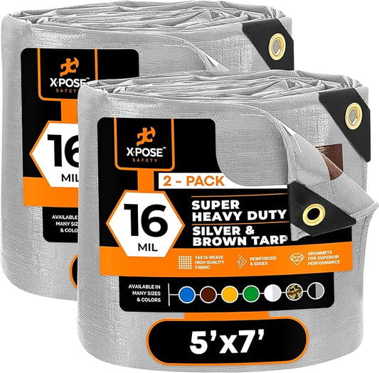 Xpose Safety Super Heavy-Duty 5' x 7' Silver/Brown Poly Tarp (2-Pack) - 16 Mil Waterproof & UV Resistant, Rip-Proof with Reinforced Edges & Grommets