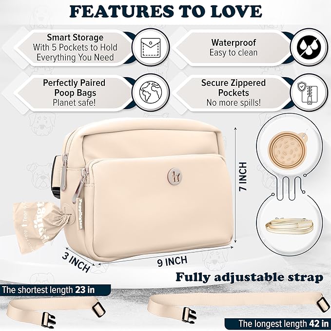 Puppington 3-in-1 Crossbody Dog Treat Pouch for Pet Training - Compostable Poop Bags, Built-In Poop Bag Dispenser, Slow-Feeding Travel Dog Bowl & Reflective Leash - Dog Walking Bag (Vanilla Cream)