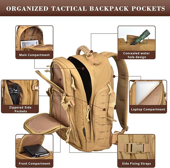 Military Tactical Backpack, 40L Tactical Backpack for Men, Army 3 Days Assault Pack, Military Molle Backpack Waterproof, EDC Hiking Bug Out Bag with Water Bladder Compartment, Hiking Rucksack