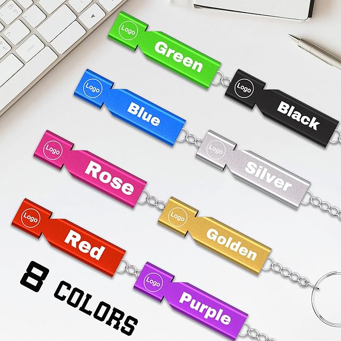 10Pcs Custom Emergency Whistles, Personalized Aluminum Safety Survival Whistle with Keychain, Engraved Name or Logo, Double Tube High Pitch for Outdoor Camping, Hiking, Boating, Fishing