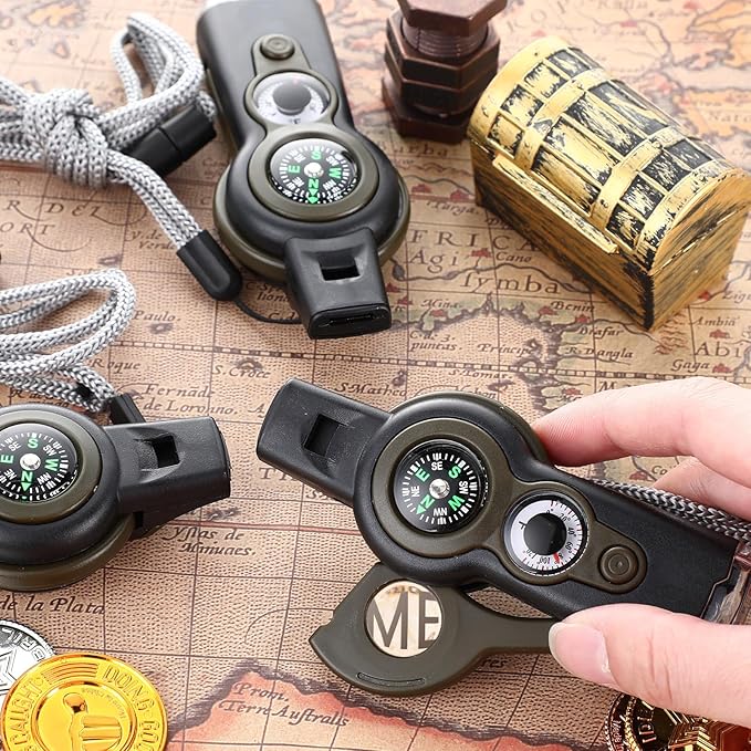 12 Pack Emergency Survival Whistle 7-in-1 Compass Hiking Survival Safety Whistle with Lanyard Outdoor Multifunctional Tool Ideal for Hiking Camping Rescue Signaling
