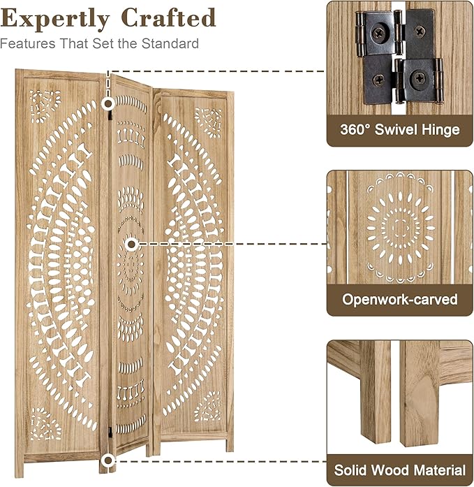 WelFurGeer Handcrafted Carved Wooden Room Divider Screen, Folding Privacy Screen for Room Separation, Decorative Room Dividers, 360° Adjustable Folding Panels for Privacy, Home, Office & Patio
