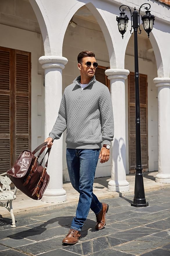 COOFANDY Mens Quarter Zip Pullover Quilted Sweatshirt Knit Long Sleeve Mock Neck Sweater Polo with Pocket