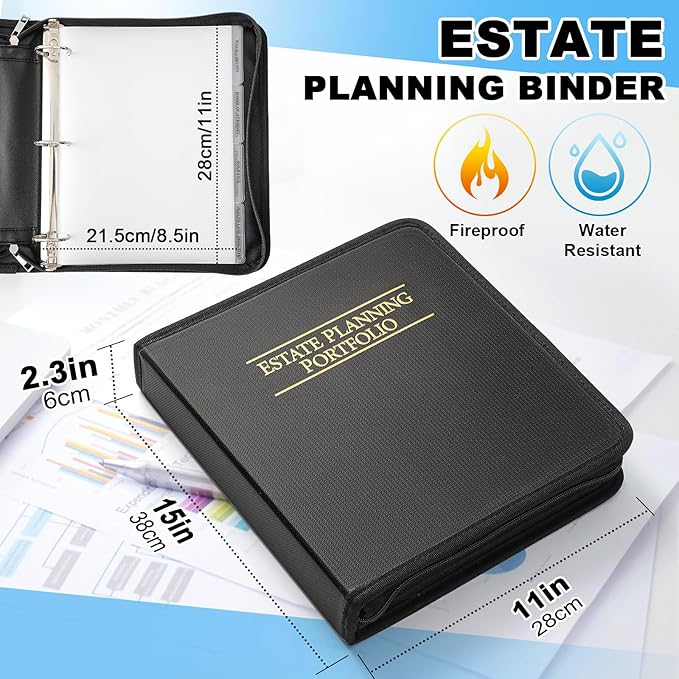 Henoyso Fireproof Estate Planning Portfolio Black 1.5" 3 Ring End of Life Binder with Zip Estate Planning Organizer for Wills, Trusts, Powers of Attorney, 12 Indexed Dividers Included