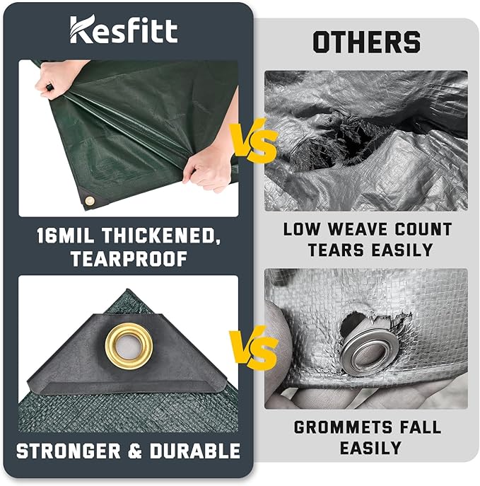 Kesfitt Tarp Heavy Duty Waterproof 10x20FT,16 Mil Thick Tarps Tear&Fade Resistant,UV Resistant,Poly Tarp Cover with Grommets and Reinforced Edges for Outdoor Camping Pools Boat Car(Green/Blue)