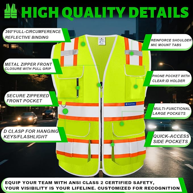 BeautyWill 10 Pack Custom Logo Safety Vest ANSI Class 2 High Visibility Reflective Vest Personalized Construction Vest Bulk