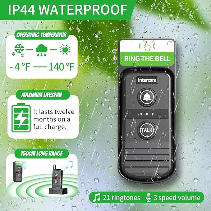 Doorbell Wireless, Intercoms Wireless for Home 4900ft Long Range Wireless Intercom System with Rechargeable Battery,3 Volume Levels,20 Ringtones for House Classroom Business