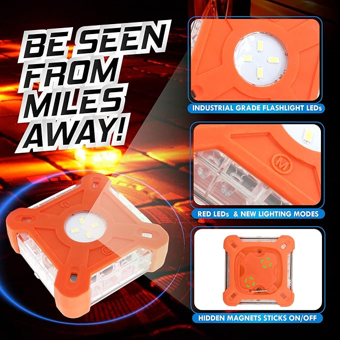 Marcala Emergency Lights for Vehicles | 3-Pack LED Road Flares | Flares Emergency Road | LED Emergency Flares Include Batteries, Case, Whistle & more | Stronger, Brighter & Better than round Flares!