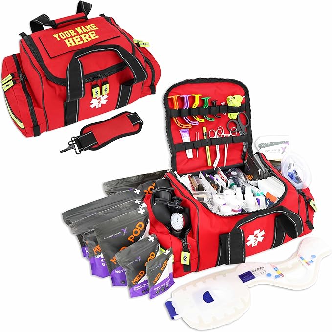 Lightning X Custom Embroidered Trauma Kit & Large EMT Bag w/ 250+ First Aid Supplies & Customized Name Patch | Red