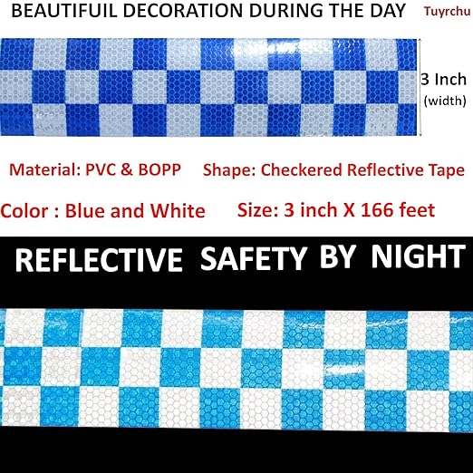 Blue and White Reflective Tape Outdoor Waterproof 3 inch X 166 feet, High Visibility Hazard Conspicuity Industrial Marking Tape