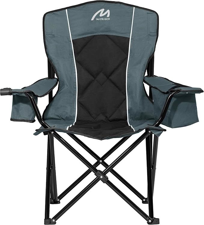 Oversized Padded Camping Chair, Heavy-Duty Steel Frame for 450 lbs Supports, Convenient 6-Can Cooler, Portable Carry Bag, Perfect for Outdoor, Beach, and Hiking (Gray & Black)
