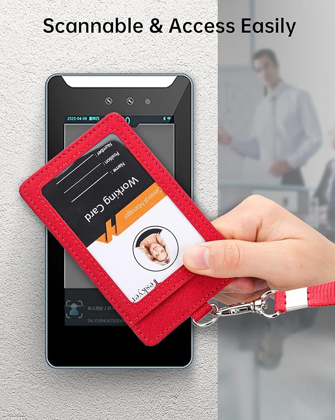 Teskyer Badge Holder with Lanyard, Leather ID Name Badge Card Holder with Lanyard for ID Badges, Vertical, Starry Red