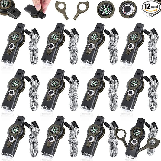 12 Pack Emergency Survival Whistle 7-in-1 Compass Hiking Survival Safety Whistle with Lanyard Outdoor Multifunctional Tool Ideal for Hiking Camping Rescue Signaling