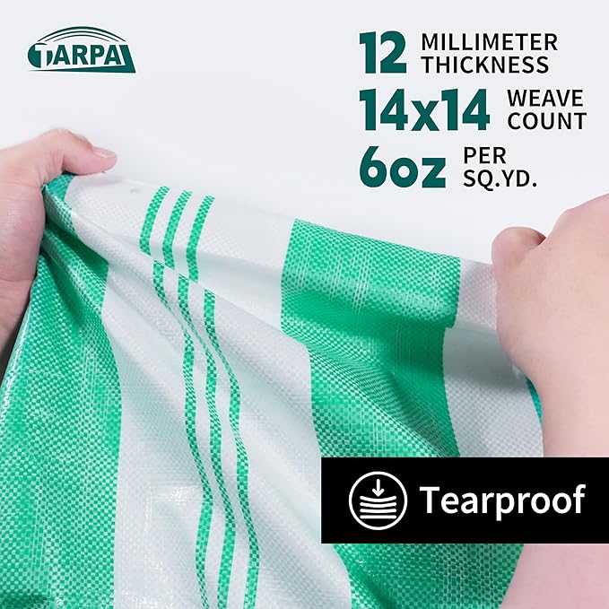TARPAL Heavy Duty Poly Tarp 12x16 Feet 12mil Striped tarp Multipurpose Protective Cover Durable, Waterproof, Weather Proof, UV,Rip and Tear Proof（Green/White）