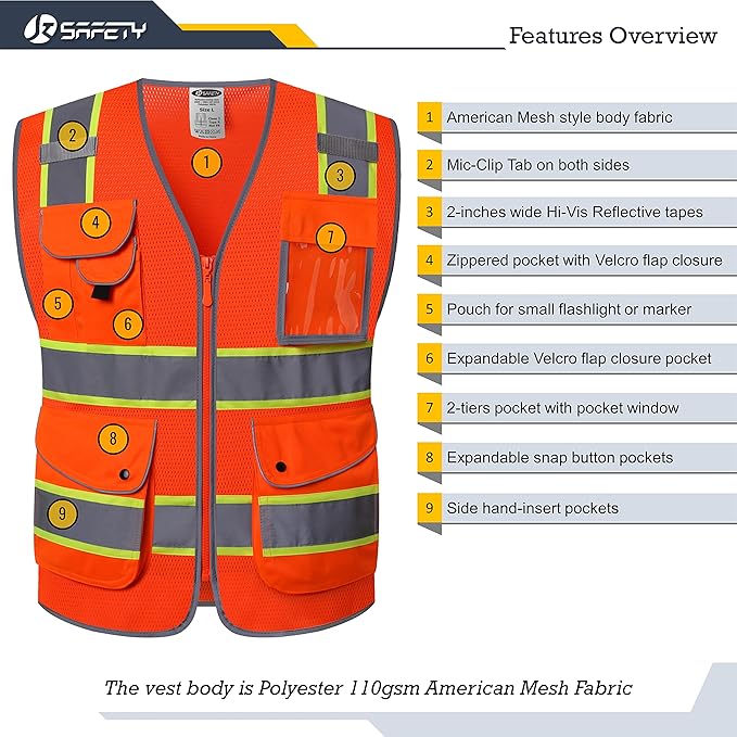JKSafety 9 Pockets Hi-Vis Reflective Safety Vest | Mesh Fabric | Fluorescent Orange Color with Neon Yellow Extended Trims | ANSI/ISEA Compliance (100-Orange, XL)