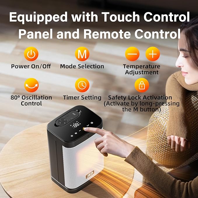 Space Heater, JRD 1500W Ceramic Portable Electric Heater with Remote, Rapid Heating, Thermostat, 80° Oscillation, 12H Timer, Small Quiet Desk Heater for Indoor Use Bedroom Home Office
