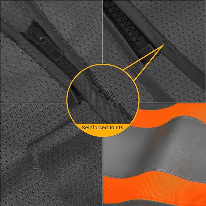 TCCFCCT Mesh Reflective Safety Vest with Pockets High Visibility Vest for Men Women, Work Vest with Fluorescent Orange Extend Edge, Meets ANSI/ISEA Standards, Grey, 2XL
