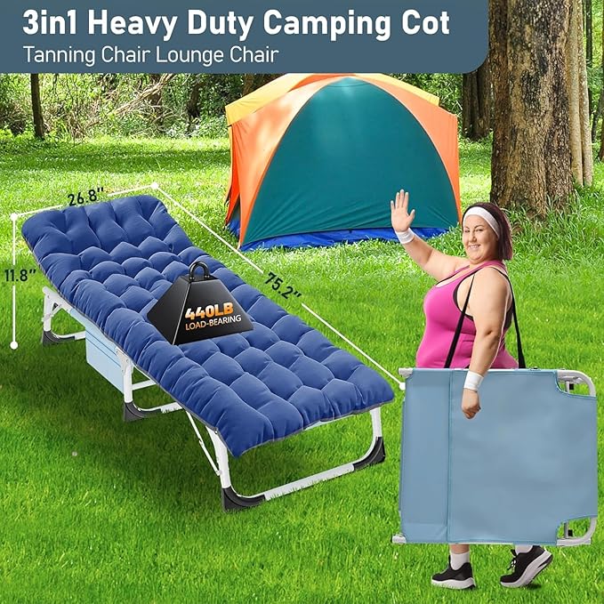 ABORON Patio Lounge Chair, Folding Guest Bed Cot for Adults, 500LB Heavy-Duty Capacity, Portable Extra Bed with Comfort Mat, Quick Fold Design for Indoor Guest Stays & Temporary Use