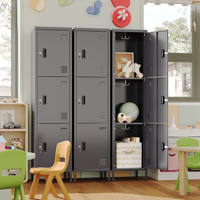 Metal Locker with Hooks and Ventilation Holes,Metal Storage Locker with Keys and Business Card Slot for Home,Gym,Garage,School,Office,66" H×15.75" W× 15.75" D,Assembly Required,Dark Grey