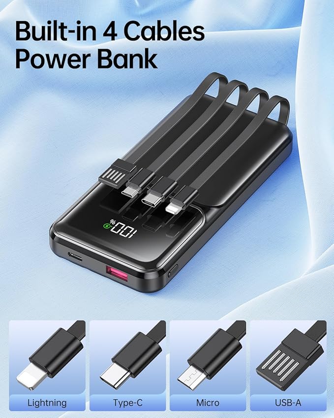 Power Bank Portable Charger with Built in Cable 10000mAh USB C Fast Charging Travel Essential Battery Pack for iPhone iPad Samsung Android etc