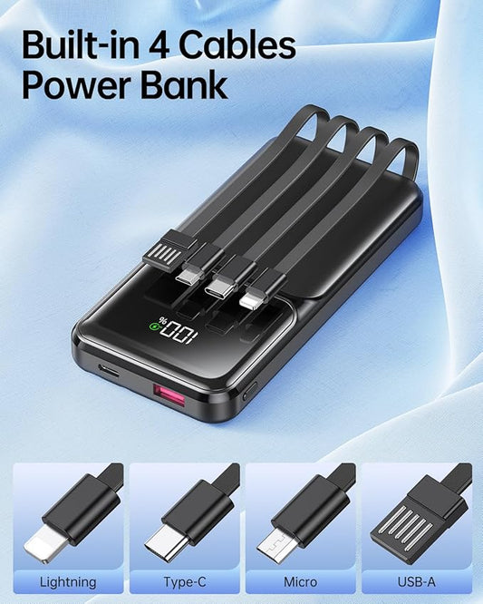Power Bank Portable Charger with Built in Cable 10000mAh USB C Fast Charging Travel Essential Battery Pack for iPhone iPad Samsung Android etc