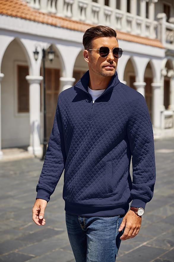 COOFANDY Mens Quarter Zip Pullover Quilted Sweatshirt Knit Long Sleeve Mock Neck Sweater Polo with Pocket