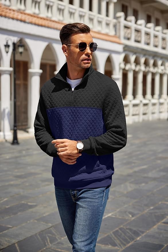 COOFANDY Mens Quarter Zip Pullover Quilted Sweatshirt Knit Long Sleeve Mock Neck Sweater Polo with Pocket