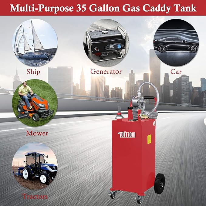 TUFFIOM 35 Gallon Fuel Gas Caddy w/Wheels & Manual Siphon Pump, Portable Diesel Fuel Transfer Storage Tank w/11.9ft Hose, Gasoline Can Container for ATV Car Mowers Tractor Boat Motorcycle
