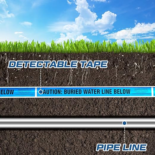 Pangda 2 Rolls 1000 Feet Detectable Safety Tape 5 Mil Underground Detectable Warning Tape for Construction Sites Road Repairs(Caution Buried Water Line Below,3 Inch,Blue)