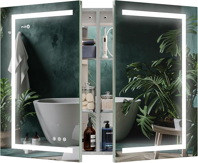 LED Lighted Medicine Cabinet Front & Backlit Dimmable Colours, Clock & Temp, USB Outlets (42 x 32)