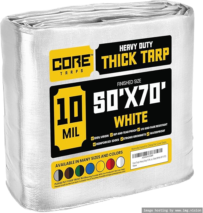 Core Tarps Heavy Duty 10 Mil Tarp Cover, Waterproof, UV Resistant, Rip and Tear Proof, Poly Tarpaulin with Reinforced Edges for Roof, Camping, Patio, Pool, Boat (White 50′ X 70′)