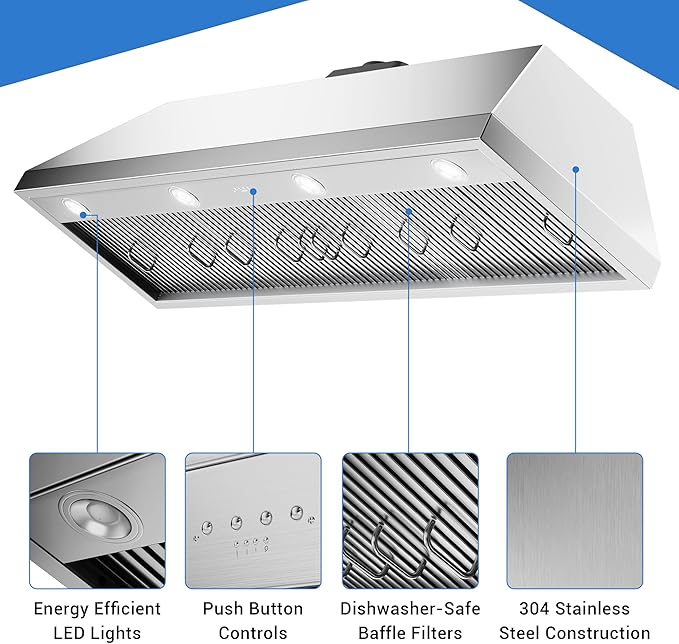 60-inch Range Hood Insert with Inline Remote Blower, CT Copper Tailor 1260CFM Kitchen Vent Hood, 4-Speed Exhaust Fan, 4 LED Lights, 8" Round Ducted,Baffle Filters, in Stainless Steel