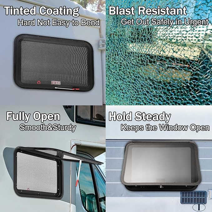 36"x22" RV Emergency Exit Window - DOT-Certified Tempered Glass, Security Lock, Waterproof Aluminum Frame w/Mesh Screen (Fits 1"-1.77" Walls, Complete Kit)