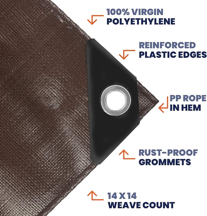 Tarpco Safety Extra Heavy Duty 14 Mil Tarp Cover, Waterproof, UV Resistant, Rip and Tear Proof, Poly Tarpaulin with Reinforced Edges for Roof, Camping, Patio, Pool, Boat (Brown/Black 30′ X 70′)