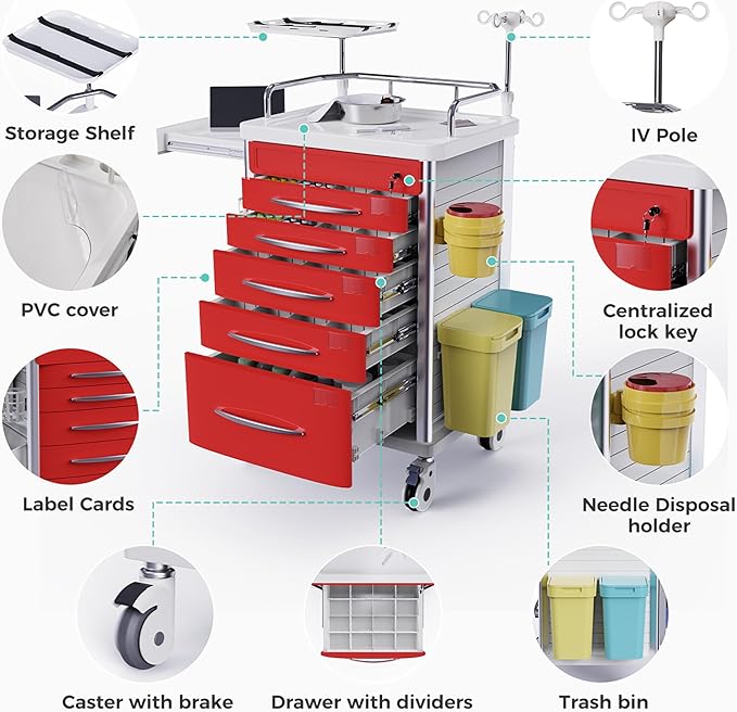 Medical Emergency Rolling Crash Cart with Drawers - Adjustable IV Pole, Silent Casters, Needle Disposal Holder, Trash Bin, O2 Holder, Nursing Trolley Cart for Clinic, Hospital, Salon