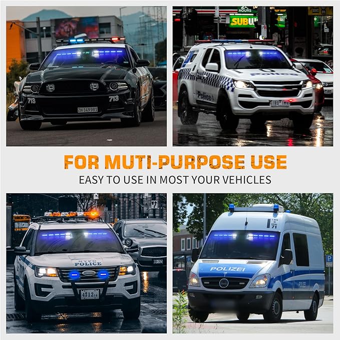 XRIDONSEN 34 inch Blue Emergency Visor Lights Bar Interior Front Windshield Strobe Lights 40 LED Warning Safety Flashing Hazard Light w/White Take Down for firefighter Police Vehicles Trucks