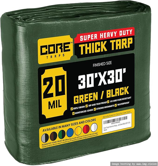 Core Tarps Extreme Heavy Duty 20 Mil Tarp Cover, Waterproof, UV Resistant, Rip and Tear Proof, Poly Tarpaulin with Reinforced Edges for Roof, Camping, Patio, Pool, Boat (Green/Black 30′ X 30′)