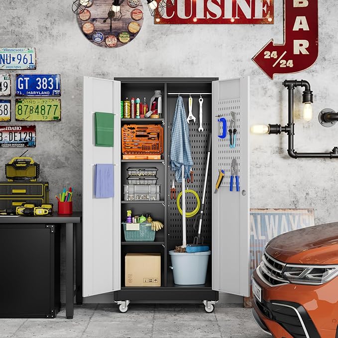 SUXXAN Broom Closet Storage Cabinet with Wheels 71.4"x 31.5"x15.7", Metal Cleaning Cabinets with Hooks and Hanging Rods, Lockable Cabinet with Pegboard, Adjustable Shelf(Black/White)
