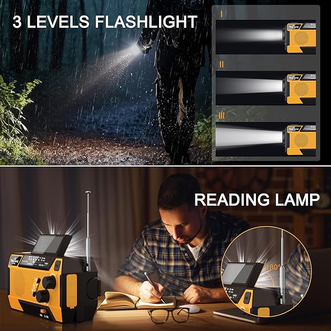 Hand Crank Emergency Radio 7400mWh (2000mAh) Solar Hand Crank Radio Built in 3 Charging Cables AM/FM/NOAA Weather Radio Battery Operated Hand Crank Charger for Emergency Supplies Survival Gear
