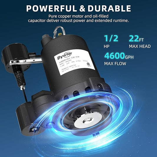 1/2 HP Sump Pump, 4600 GPH High Flow, 22 FT Lift, 115V Cast Iron Sewage Pump with Built-in Vertical Float Switch, Heavy Duty Sewage/Effluent Pump for Basement, 10 FT Power Cord