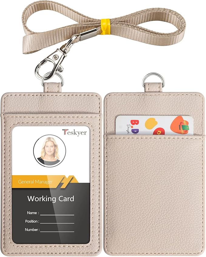 Teskyer Badge Holder with Lanyard, Leather ID Name Badge Card Holder with Lanyard for ID Badges, Vertical, Lychee Pattern Beige