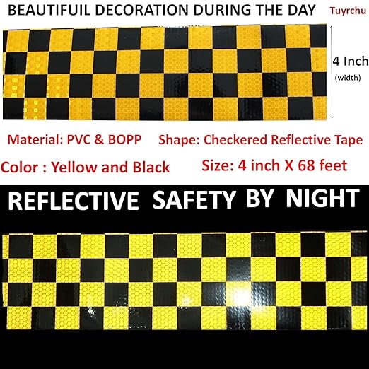 Yellow and Black Reflective Tape 4 inch X 68 feet, Outdoor Waterproof Hazard Conspicuity Warning Industrial Marking Tape