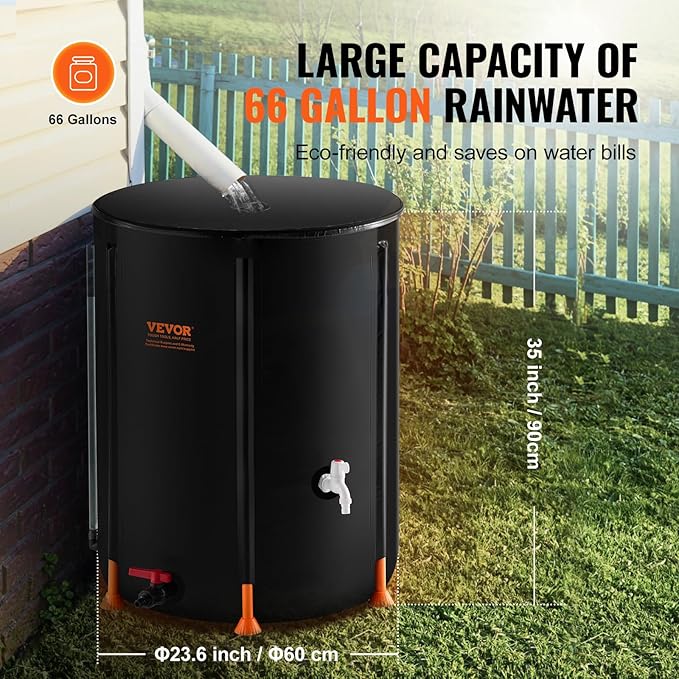 VEVOR Collapsible Rain Barrel, 66 Gallon/250 L Portable Rain Water Collection Barrel, PVC Rainwater Collection System with Spigots and Overflow Kit, Water Barrel for Garden Water Catcher