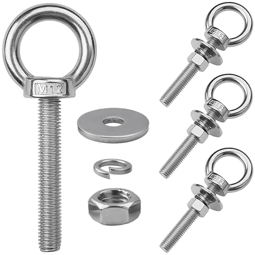 4 Pack M12 Stainless Steel Eye Bolts with Nuts, 1/2" x 4" Long Lifting Ring Eye Bolt， Eye Bolts Heavy Duty for Hang Tie Down Outdoor (4, M12x102mm (1/2"x4"))