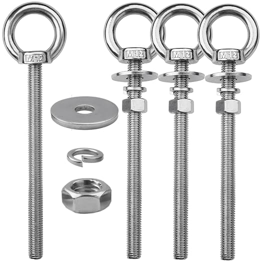 4 Pack M12 Stainless Steel Eye Bolts with Nuts, 1/2" x 6" Long Lifting Ring Eye Bolt， Eye Bolts Heavy Duty for Hang Tie Down Outdoor (4, M12x153mm (1/2"x6"))