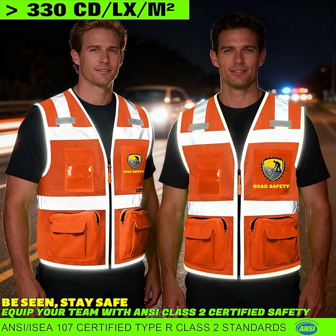 BeautyWill 10 Pack Custom Logo Safety Vest ANSI Class 2 High Visibility Reflective Vest Personalized Construction Vest Bulk